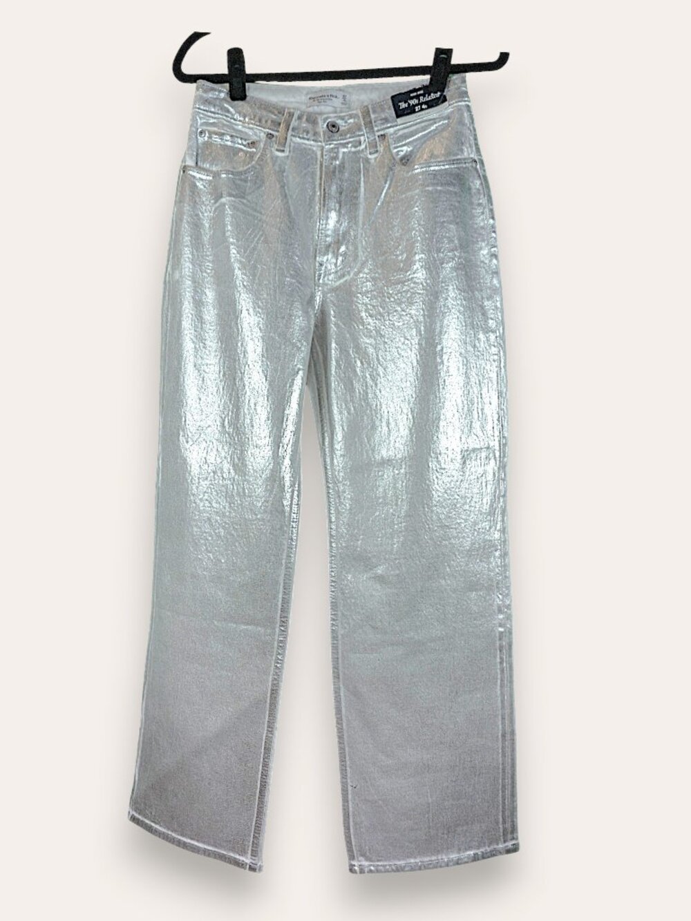 A&F Silver Metallic Jeans The 90s Relaxed High Rise Size 27 x 28.5 NWT